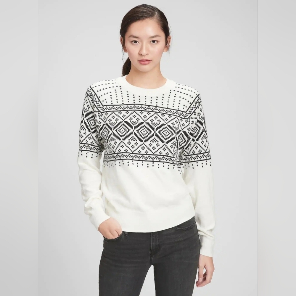 Gap Black and White Knit Cotton Fair Isle Crewneck‎ Sweater